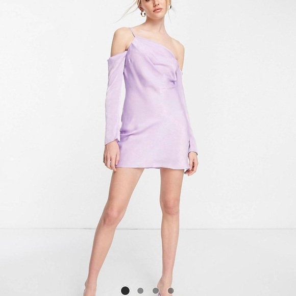 ASOS DESIGN asymmetrical satin mini dress with cold shoulder - Picture 1 of 3